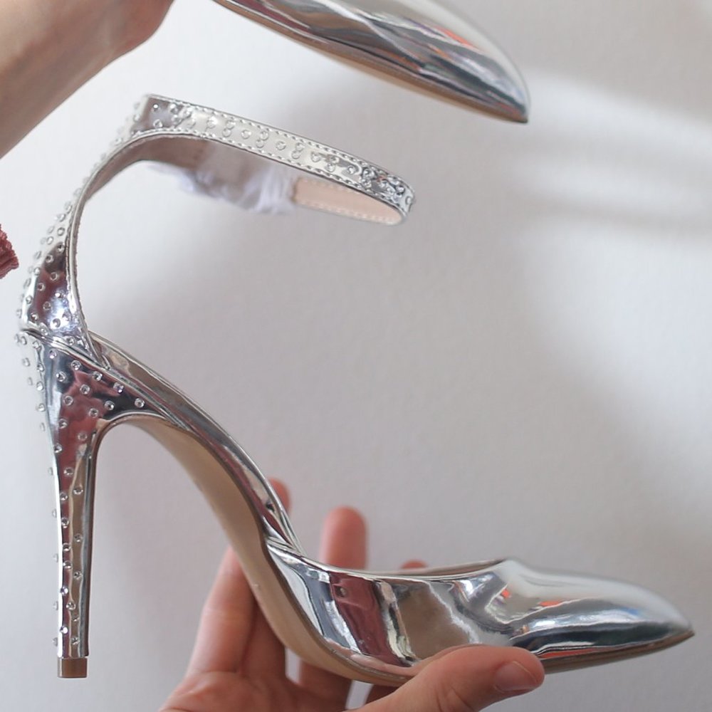 NWT Poison Ankle Rhinestone Strap Silver Pumps.
